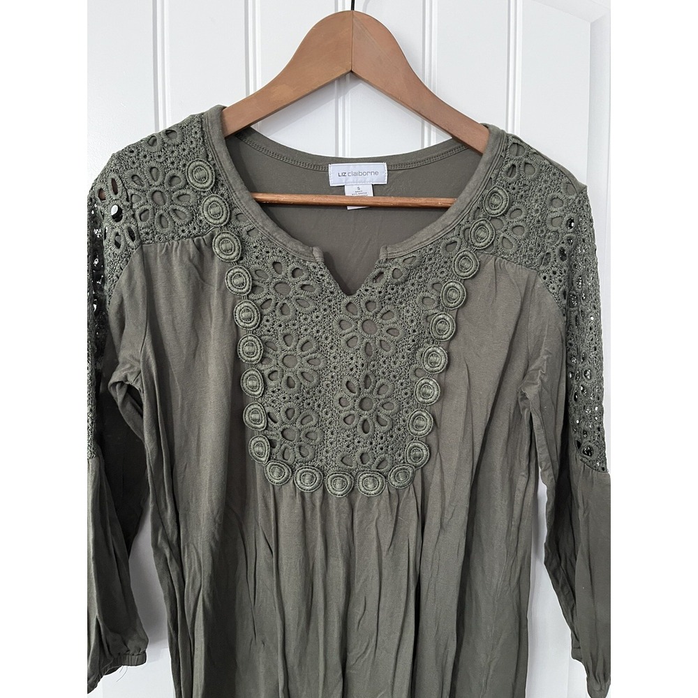 Olive Green Boho Blouse Crochet‎ Small Rayon Stretch Liz Claiborne 113